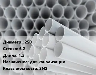Труба ПВХ, поливинилхлорид 250 s=6.2 L=1.2 для канализации SN2